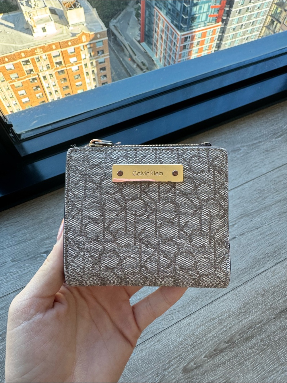 Calvin Klein Beige Monogram Zip Wallet with Gold Plaque
